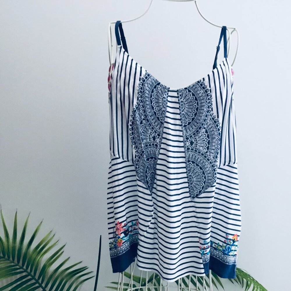 CAbi Navy & White Striped & Floral Spaghetti Strap top - Medium